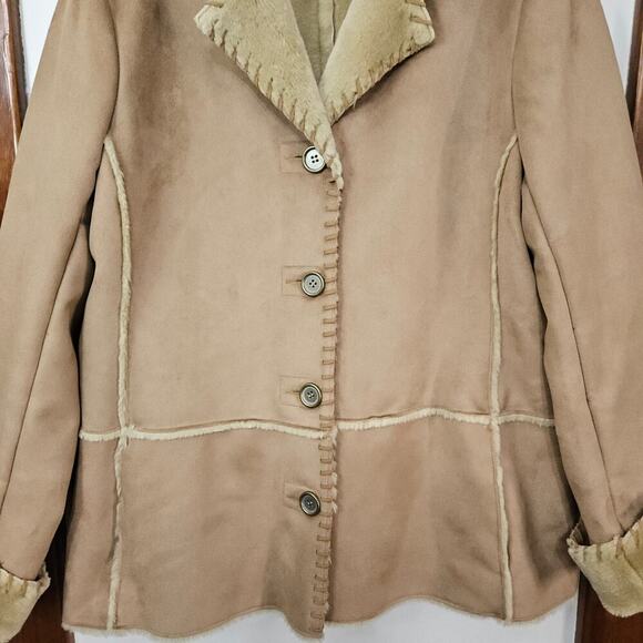 Jones New York Women Coat Faux Suede Faux Fur Lined Button Front Large 70s Style - Picture 2 of 10